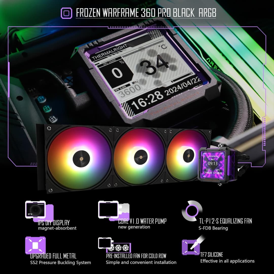 Thermalright Frozen Warframe PRO 360 Black ARGB AIO CPU Liquid Cooler - Black - Image 3