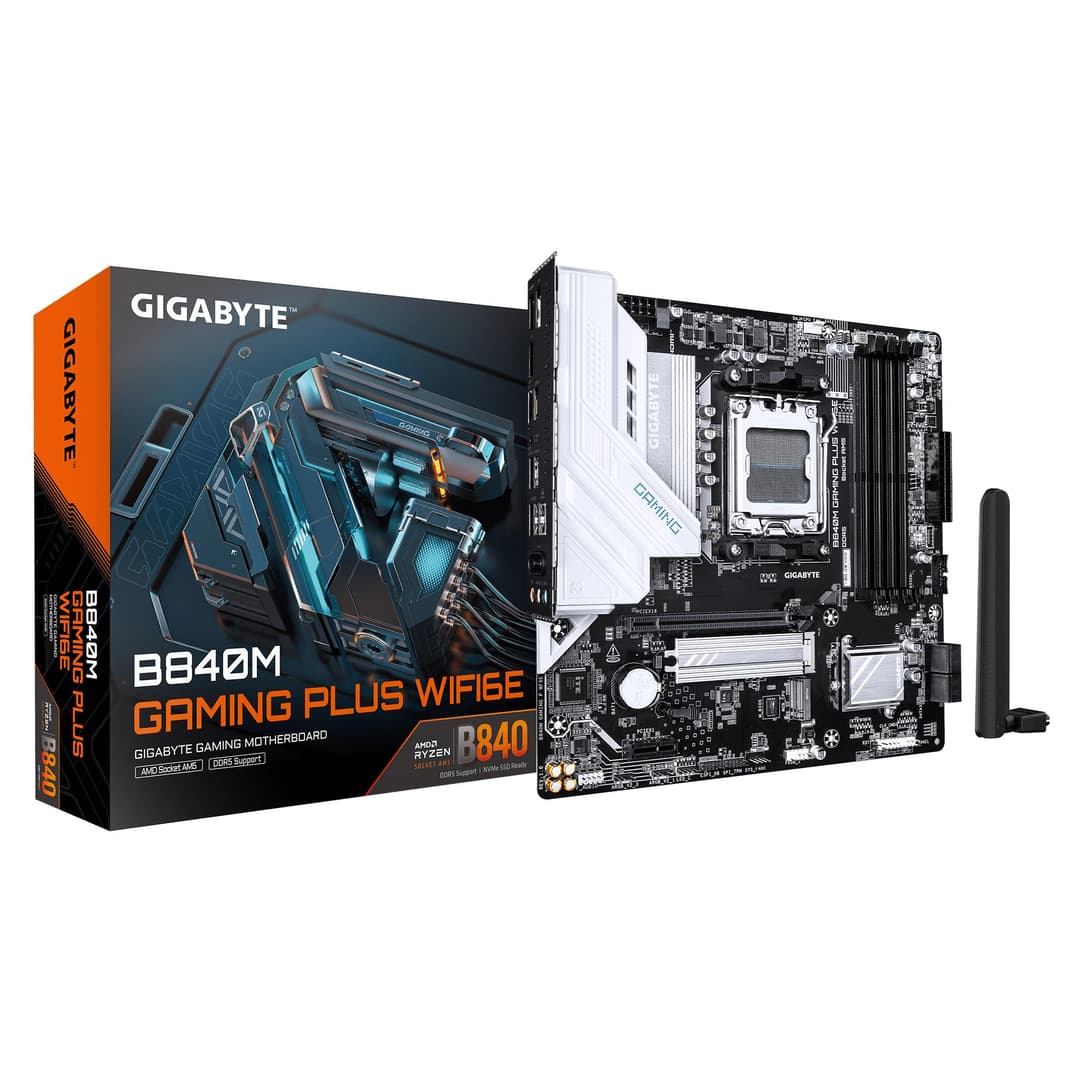 GIGABYTE B840M GAMING PLUS WIFI6E Motherboard - AMD Ryzen 9000 CPUs, 8+2+2 Phases VRM, up to 8200MHz DDR5(O.C), 2xPCIe 4.0 M.2, Wi-Fi 6E, 1GbE LAN, USB 3.2 Gen 2 - Image 1