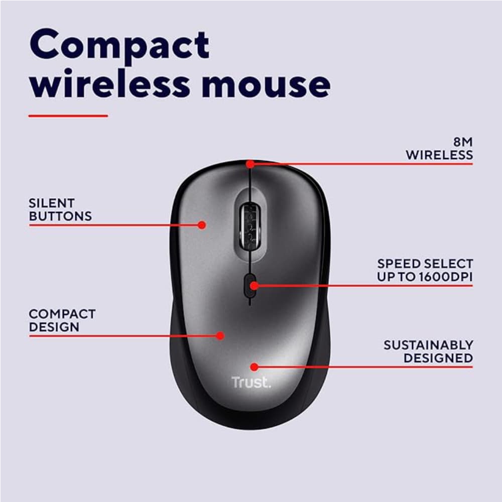 Trust TM-201 Right-hand 1600 DPI RF Wireless Optical Mouse - Black - Image 6