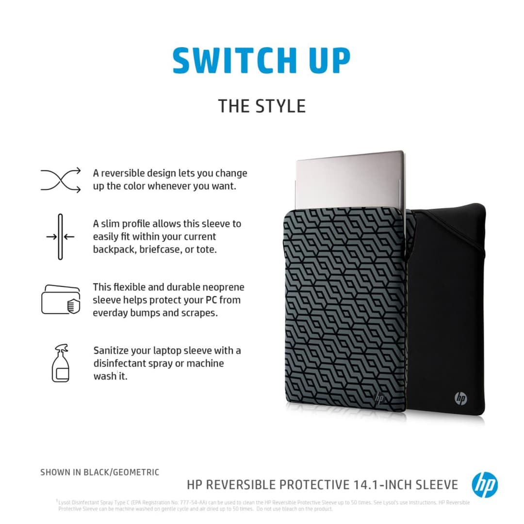 HP 2F1X4AA 14 Inch Reversible Protective Laptop Sleeve - Black - Image 5