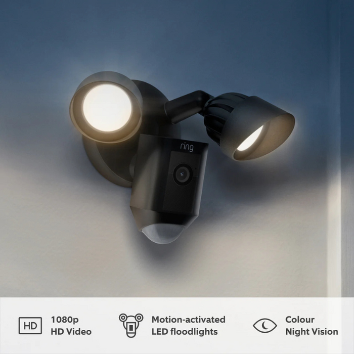 Ring Floodlight Cam Wired Plus – 1080p Outdoor Smart Security Camera with LED Lights and Siren - Black