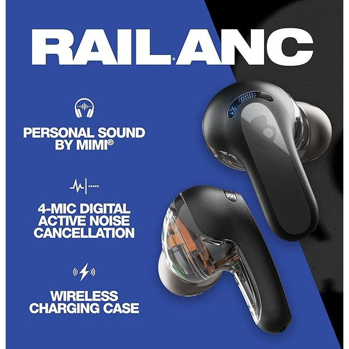 Skullcandy Rail ANC In-Ear Noise cancelling Wireless Earbuds works with iPhone Android and Bluetooth Devices - Black