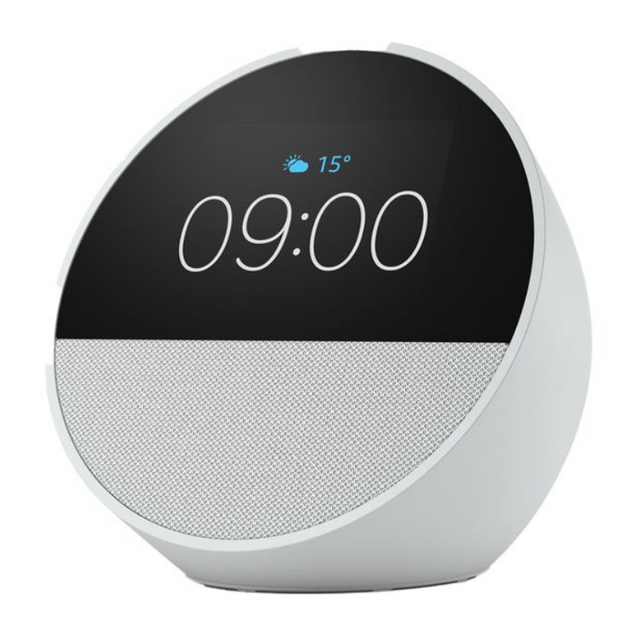 Amazon Echo Spot Smart Alarm Clock with Alexa – Smart Display, Music & Smart Home Control (Ocean Blue / Glacier White)