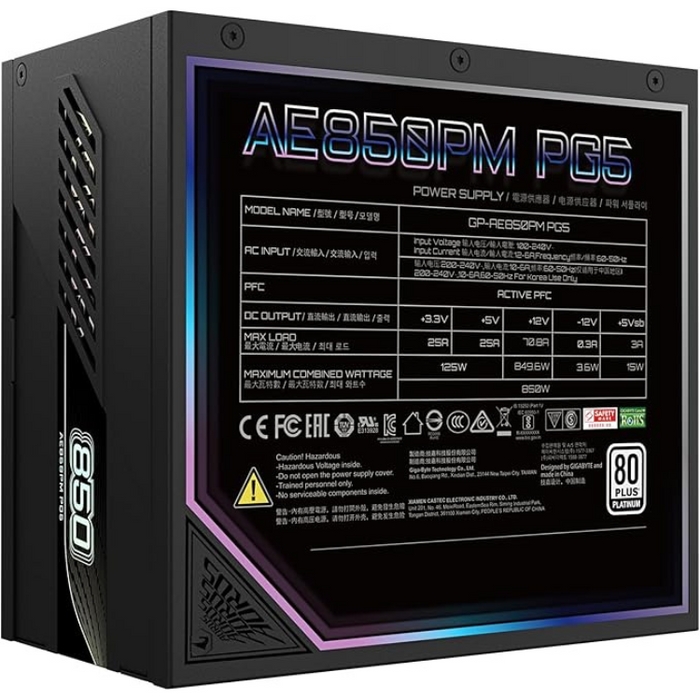 Gigabyte AORUS Elite P850W 850W 80 Plus Platinum Fully Modular ATX Power Supply PSU - Black