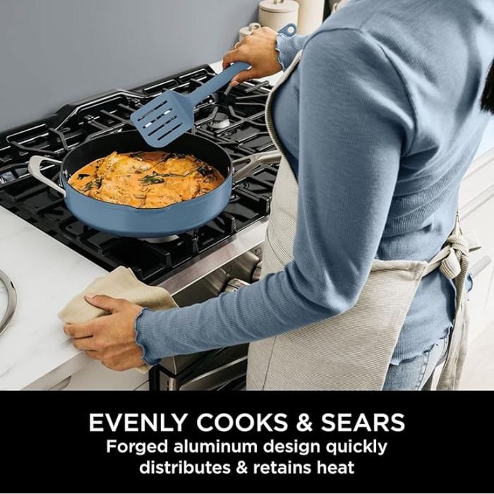 Ninja Foodi 9-in-1 PossiblePan with ZEROSTICK, Steamer/Strainer, Glass Lid & Spatula – 3.8L, Oven Safe, Induction Compatible, Blue Macaroon (CW102BLUK)
