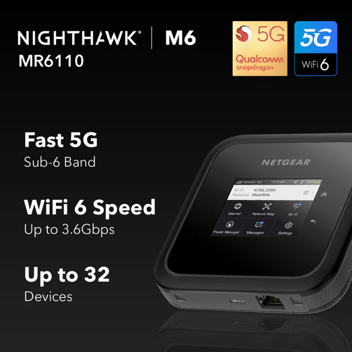 NETGEAR Nighthawk M6 5G WiFi 6 Mobile Hotspot Router (MR6110) – AX3600, 5040mAh Battery, Qualcomm Snapdragon X62