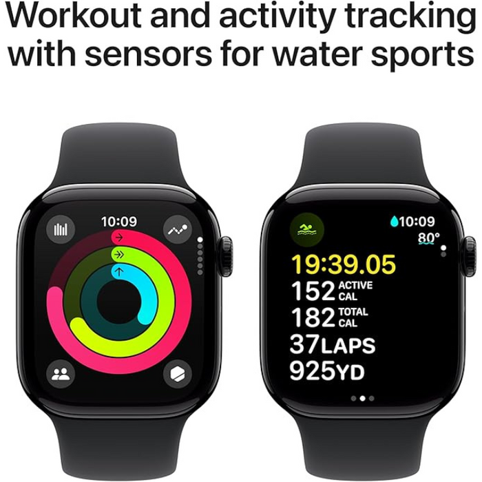 Apple Watch Series 10 GPS Smartwatch Jet Black Aluminium Case with Black Sport Band, Always-On Retina Display, Fitness Tracker, ECG App, Crash Detection, Water Resistant in 42mm and 46mm