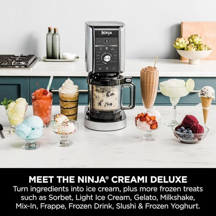 Ninja CREAMi Deluxe Ice Cream & Frozen Dessert Maker with 3 Tubs – 10 Functions, 2-in-1 Flavour Option – Silver (NC501UK)