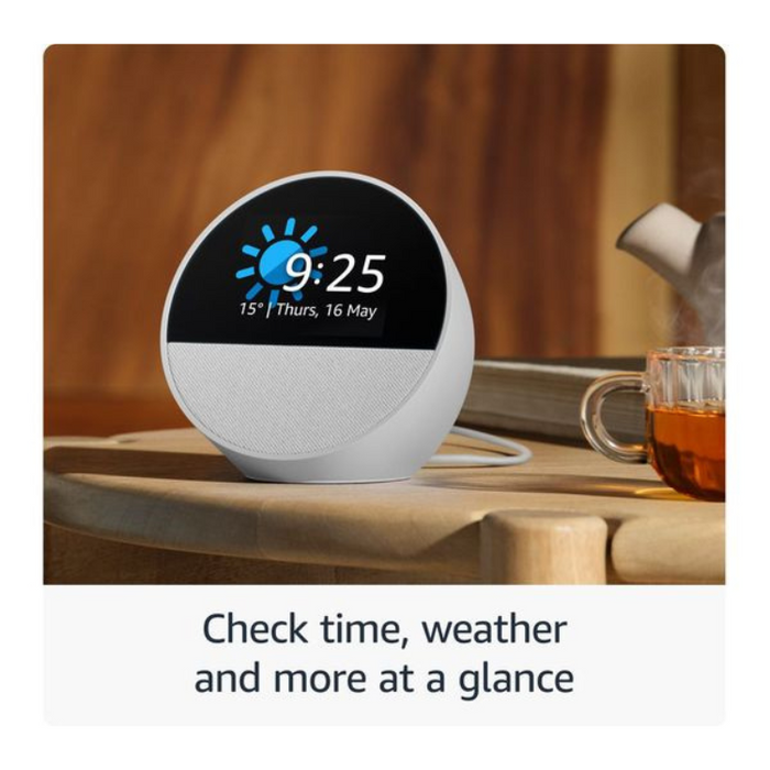 Amazon Echo Spot Smart Alarm Clock with Alexa – Smart Display, Music & Smart Home Control (Ocean Blue / Glacier White)