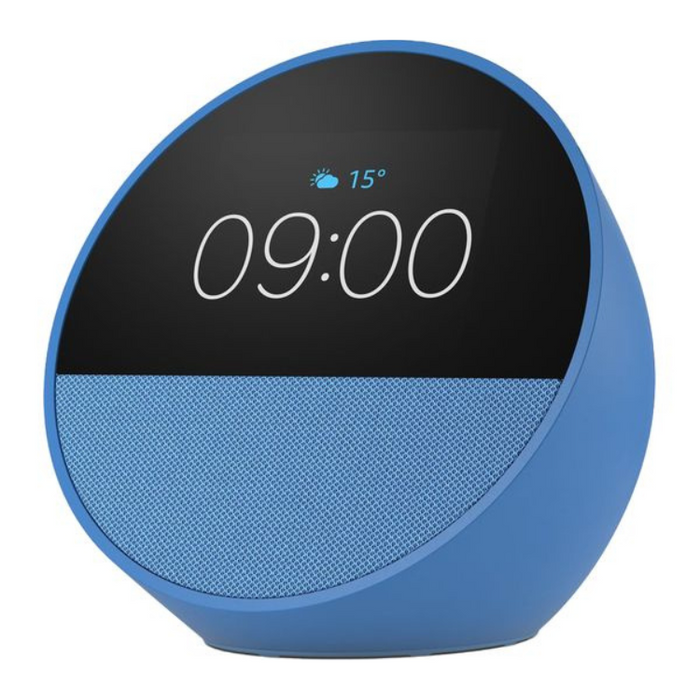 Amazon Echo Spot Smart Alarm Clock with Alexa – Smart Display, Music & Smart Home Control (Ocean Blue / Glacier White)