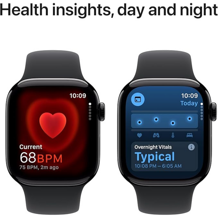 Apple Watch Series 10 GPS Smartwatch Jet Black Aluminium Case with Black Sport Band, Always-On Retina Display, Fitness Tracker, ECG App, Crash Detection, Water Resistant in 42mm and 46mm
