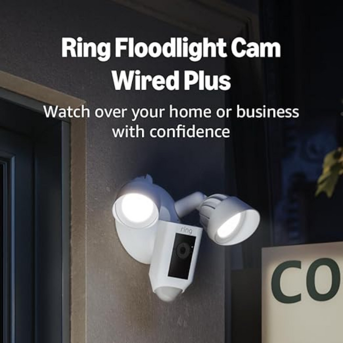 Ring Floodlight Cam Wired Plus – 1080p HD Outdoor Security Camera with Motion-Activated Floodlights, Siren & Two-Way Talk – White (2021 Release)