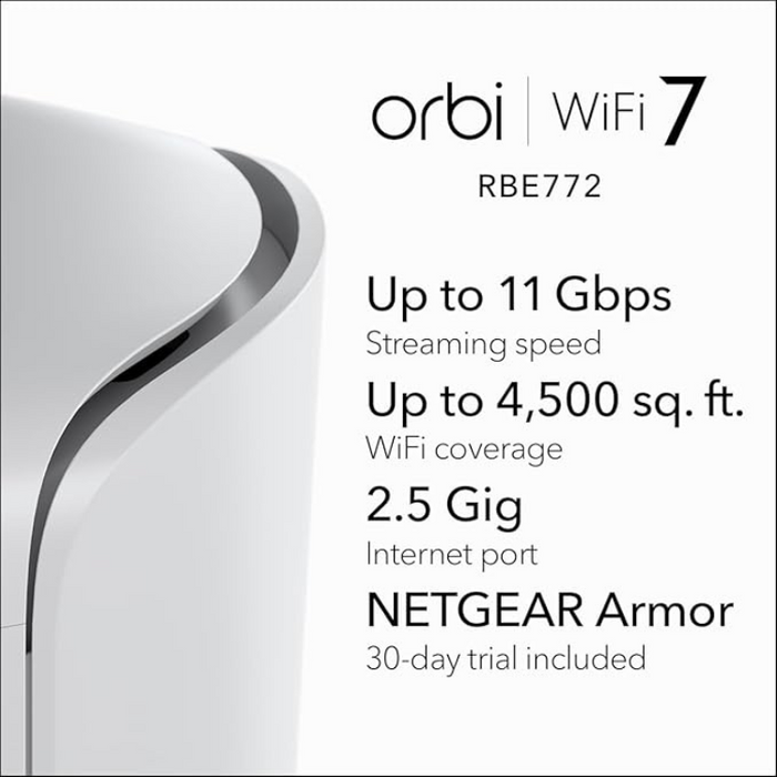 NETGEAR Orbi 770 Series Tri-Band WiFi 7 Mesh System (RBE772) – Router + 1 Satellite, Up to 11Gbps, 5,500 sq.ft. Coverage, 100 Devices, 2.5Gbps Internet Port