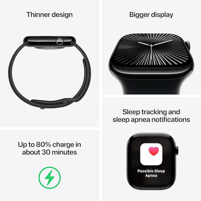 Apple Watch Series 10 GPS Smartwatch Jet Black Aluminium Case with Black Sport Band, Always-On Retina Display, Fitness Tracker, ECG App, Crash Detection, Water Resistant in 42mm and 46mm