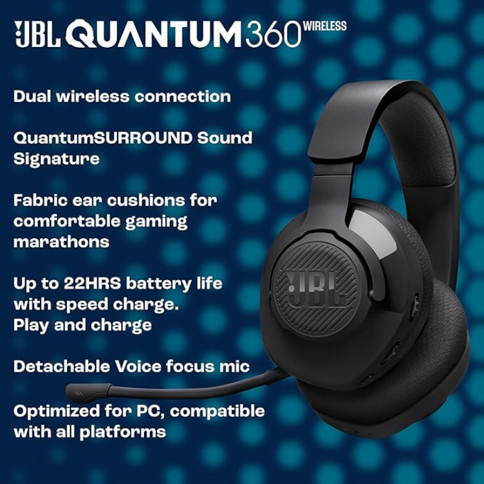 JBL Quantum 360 Wireless Over-Ear Gaming Headset with 2.4GHz and Bluetooth Dual Wireless Connection, 22 Hours Battery Life, Multi-Platform Compatibility, Detachable Microphone with Mute Option, Black