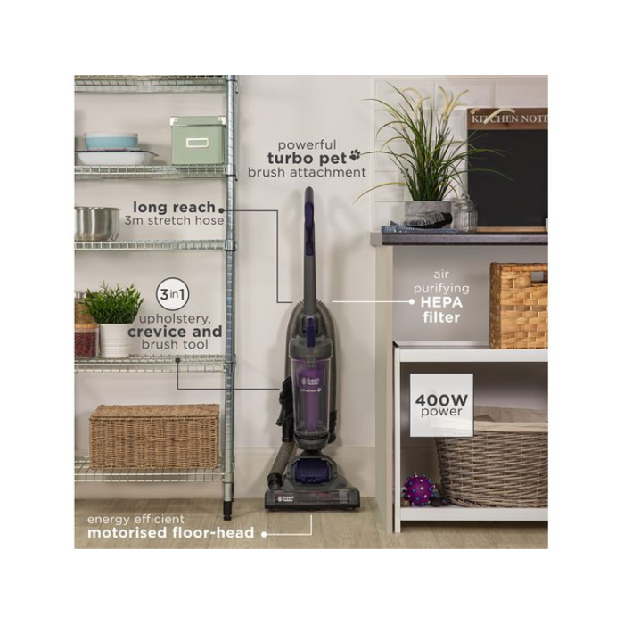 Russell Hobbs Athena Upright Bagless Vacuum Cleaner RHUV5601 – Lightweight, 2L Capacity, Grey & Purple