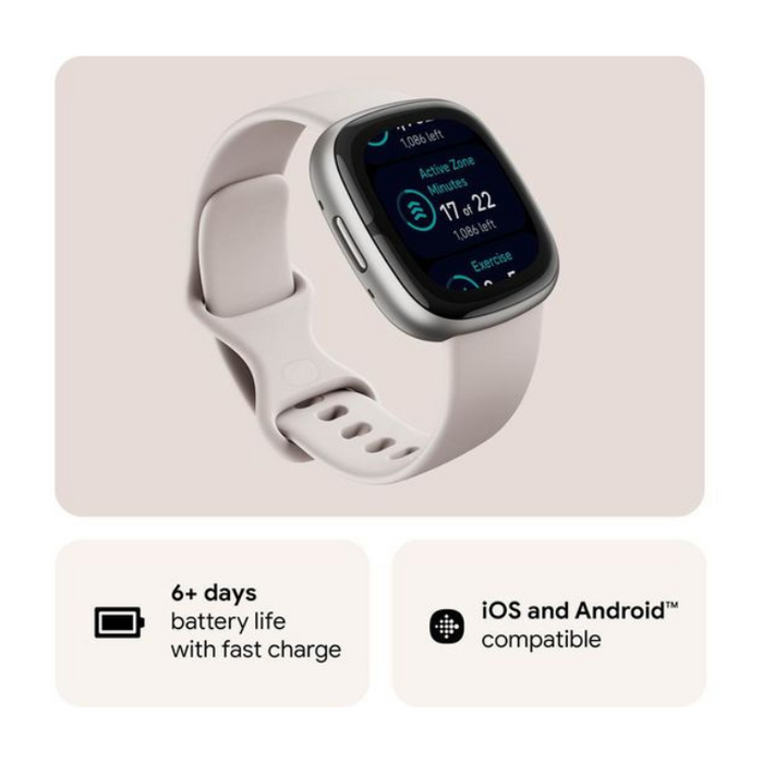 Fitbit Sense 2 Smart Watch – Lunar White & Platinum | Stress, Sleep & Health Tracking