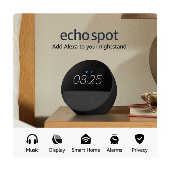 Amazon Echo Spot Smart Alarm Clock with Alexa Smart Display, Music & Home Control – Black