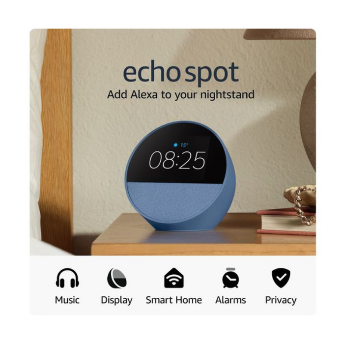 Amazon Echo Spot Smart Alarm Clock with Alexa – Smart Display, Music & Smart Home Control (Ocean Blue / Glacier White)