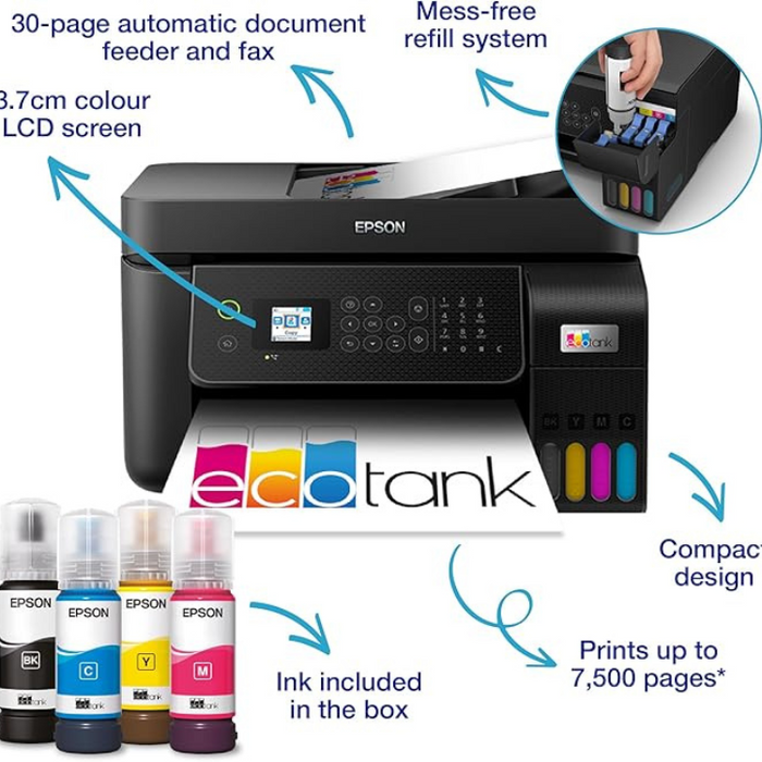 Epson EcoTank ET-4800 All-in-One Wireless Inkjet Printer with Fax A4 Wi-Fi Ink Tank Up to 3 Years of Ink Automatic Feeder Black