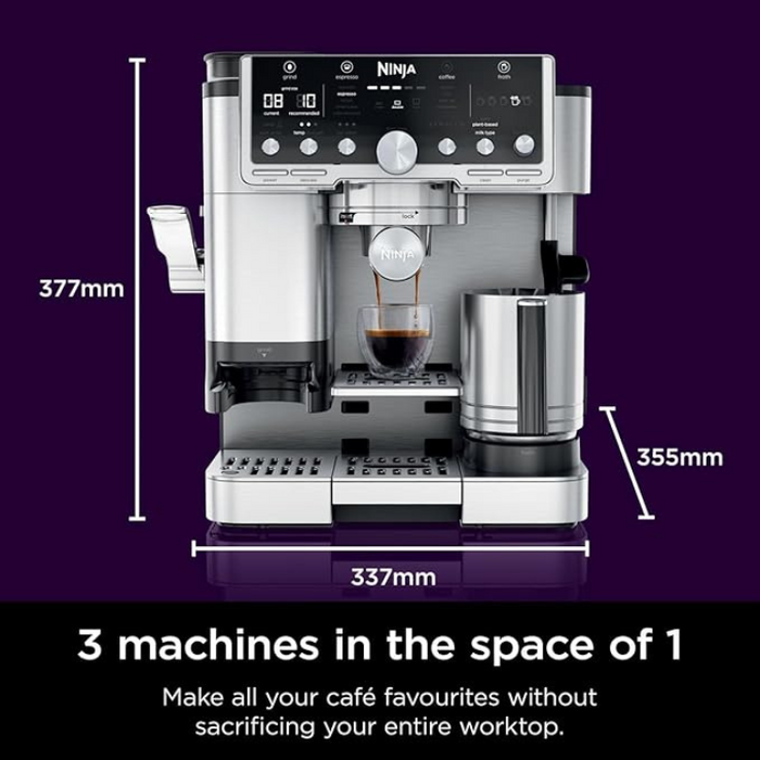 Ninja Luxe Café Pro Series ES701UK – 3-in-1 Coffee Machine with Built-In Grinder, Milk Frother & Tamper, 25 Grind Settings, 5 Froth Presets, Espresso, Latte, Cappuccino & Cold Brew Maker – Silver
