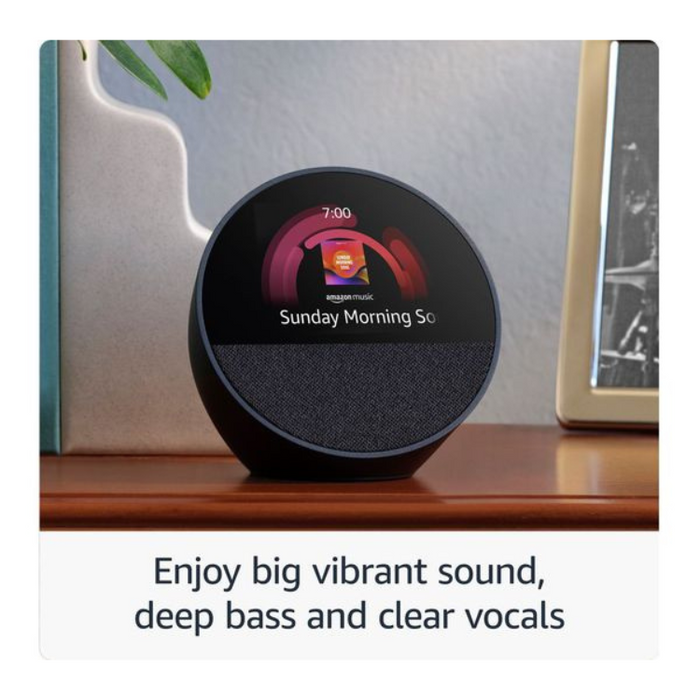 Amazon Echo Spot Smart Alarm Clock with Alexa – Smart Display, Music & Smart Home Control (Ocean Blue / Glacier White)
