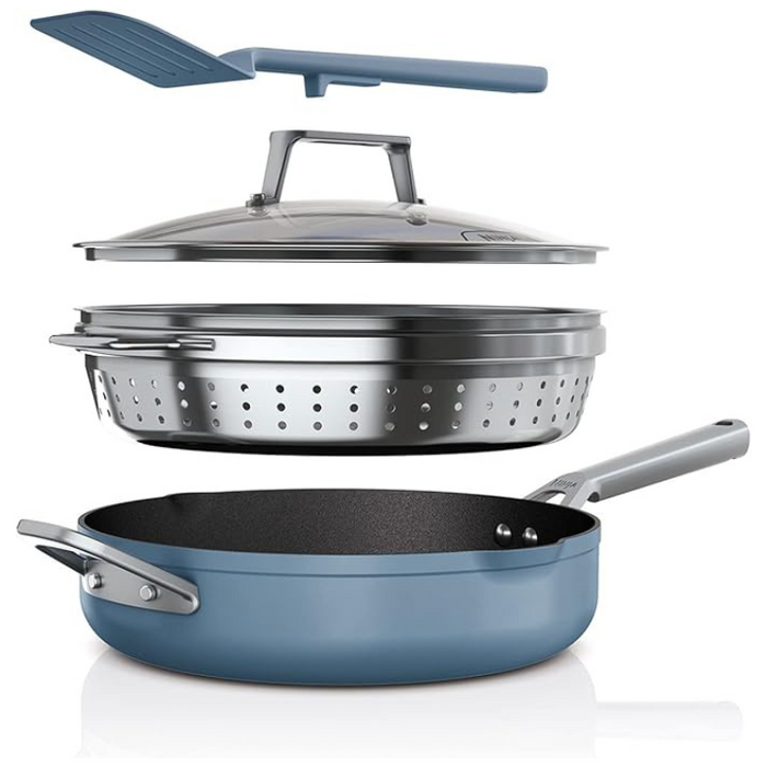 Ninja Foodi 9-in-1 PossiblePan with ZEROSTICK, Steamer/Strainer, Glass Lid & Spatula – 3.8L, Oven Safe, Induction Compatible, Blue Macaroon (CW102BLUK)