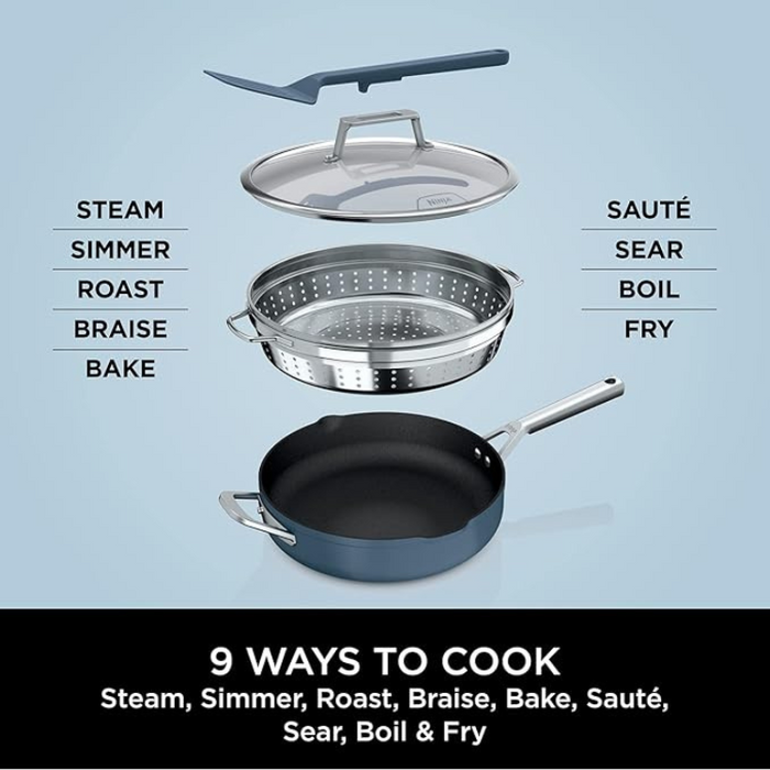 Ninja Foodi 9-in-1 PossiblePan with ZEROSTICK, Steamer/Strainer, Glass Lid & Spatula – 3.8L, Oven Safe, Induction Compatible, Blue Macaroon (CW102BLUK)