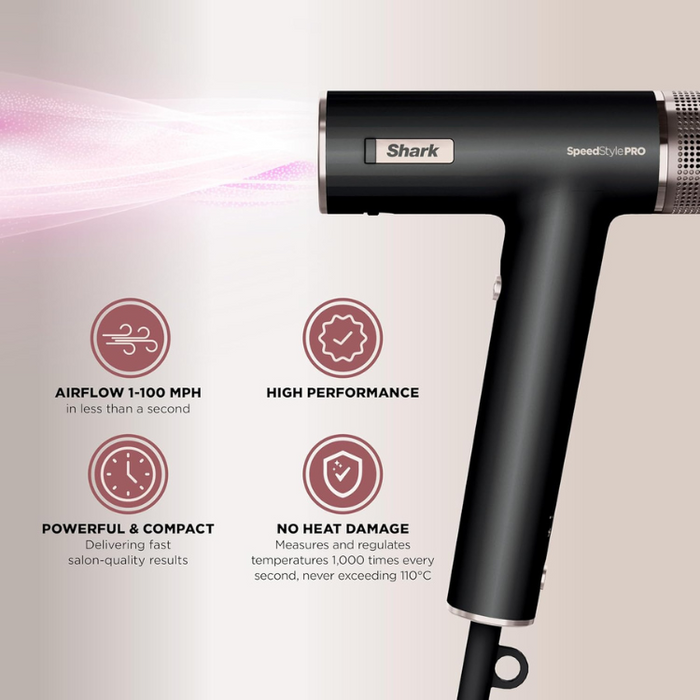 Shark SpeedStyle Pro 5-in-1 High-Velocity Hair Dryer System No Heat Damage for All Hair Types HD752UK - Black
