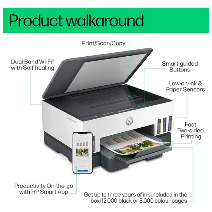 HP Smart Tank 7005 All-in-One Wireless Printer – Print, Scan, Copy, Duplex, Refillable Ink, Wi-Fi, Includes Up to 3 Years of Ink