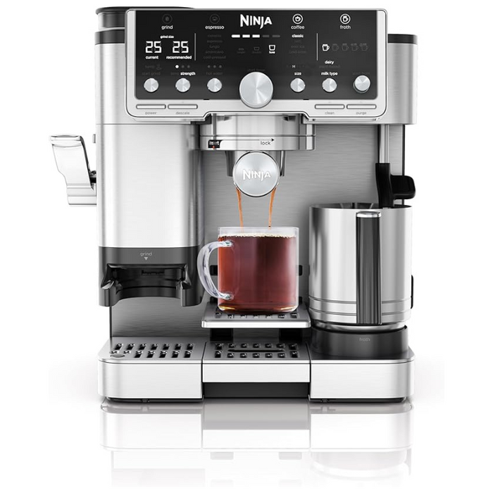 Ninja Luxe Café Pro Series ES701UK – 3-in-1 Coffee Machine with Built-In Grinder, Milk Frother & Tamper, 25 Grind Settings, 5 Froth Presets, Espresso, Latte, Cappuccino & Cold Brew Maker – Silver